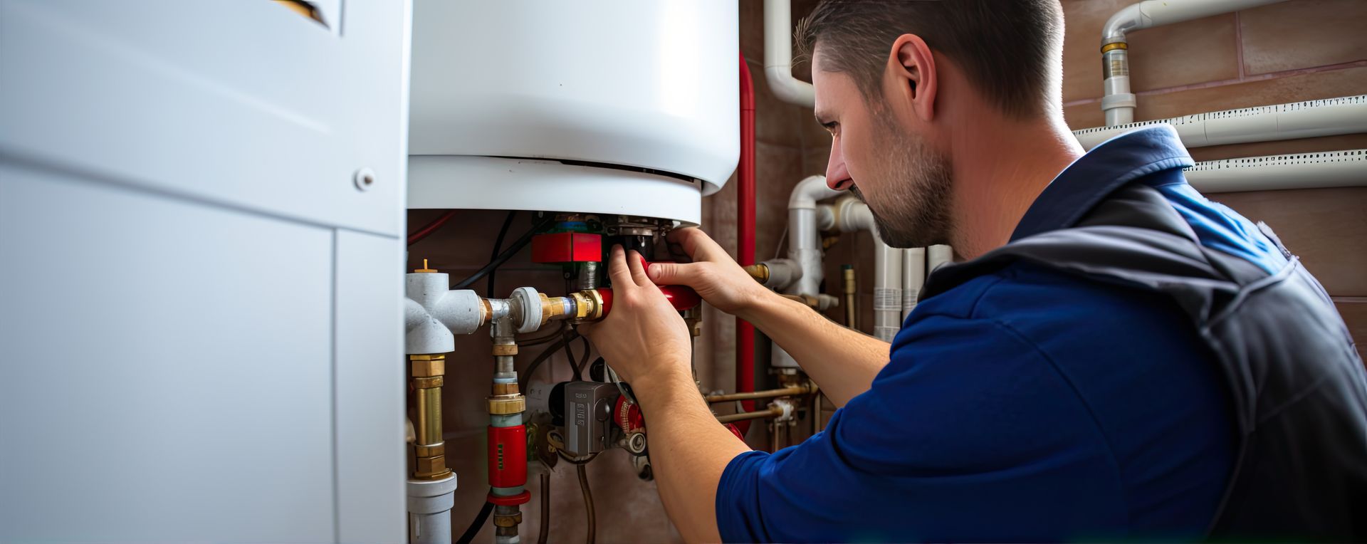 A man is working on a water heater in a room.