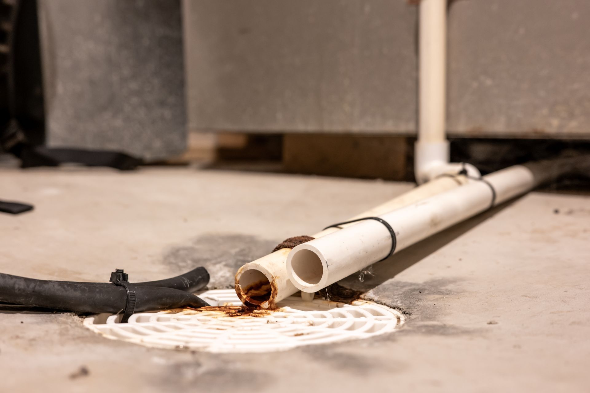 A white pipe is laying on the floor next to a manhole cover.
