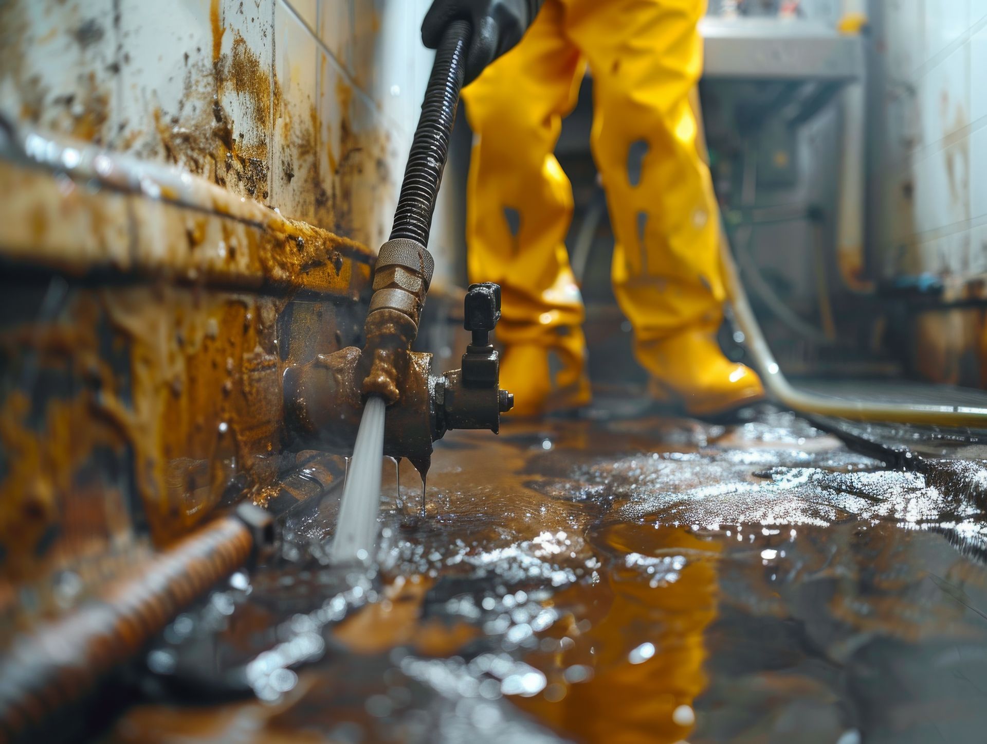 A person is cleaning a pipe with a hose in a dirty room.