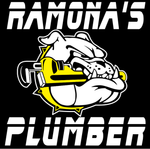 The logo for ramona 's plumber shows a bulldog with a wrench in its mouth.