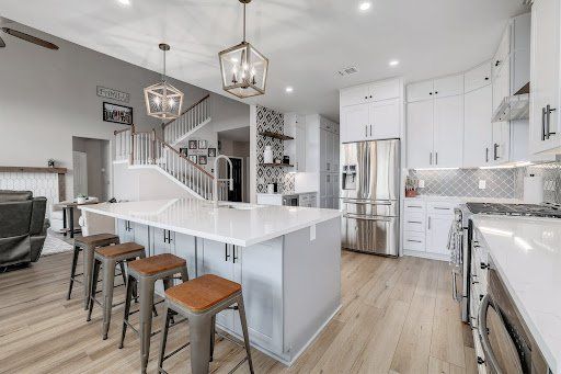 kitchen with gray and white cabinets