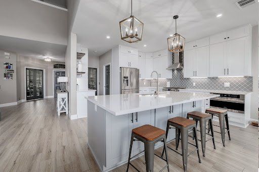 kitchen with gray and white cabinets