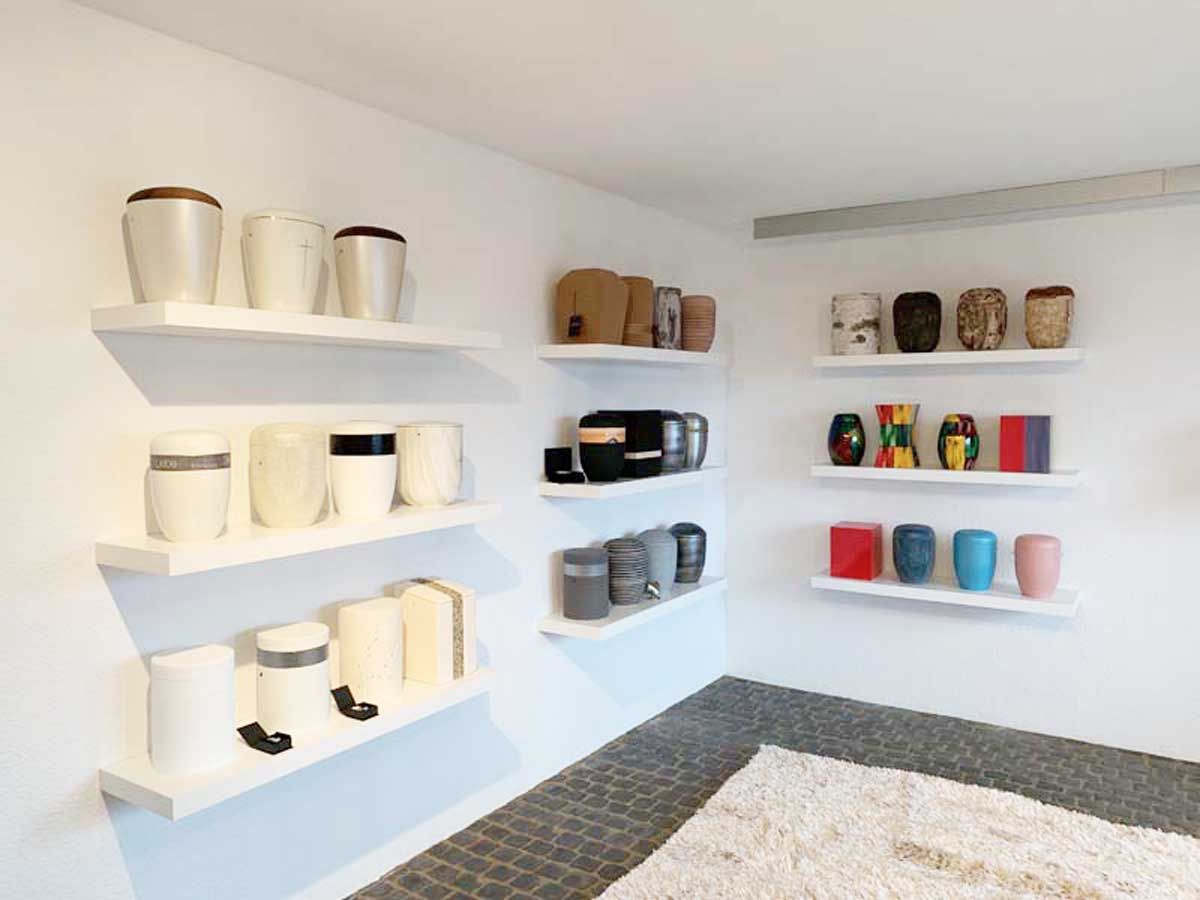 Ein Raum mit vielen Regalen und einem Teppich