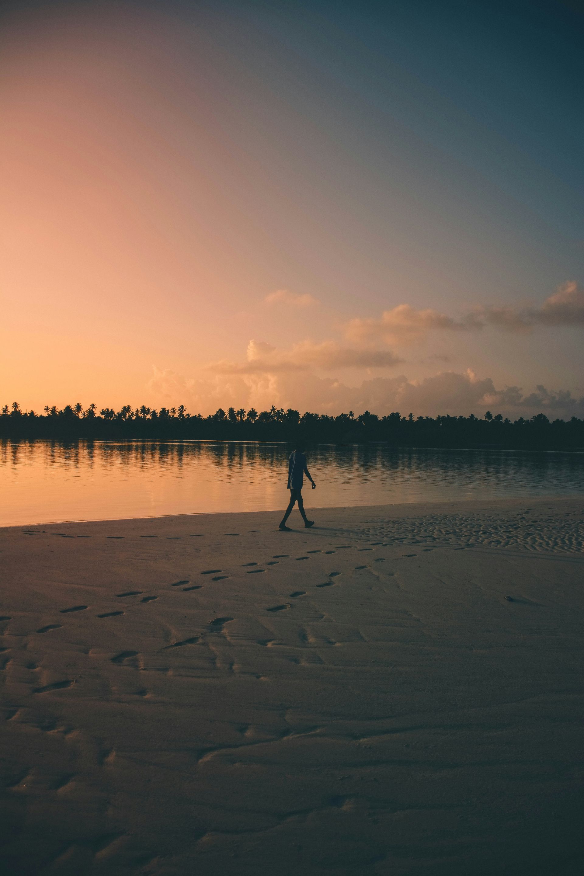 A person is walking on a beach at sunset.