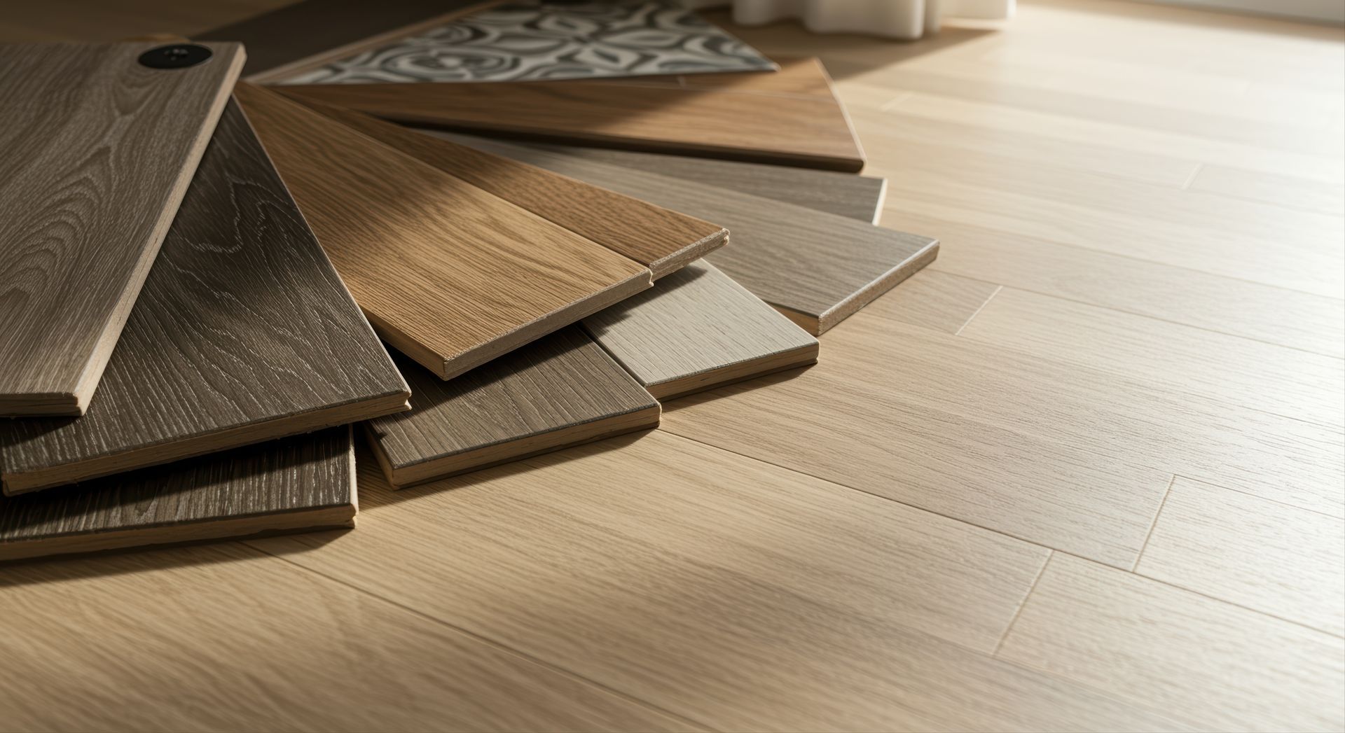 Variety of hardwood and tile flooring samples in natural light for your local tile flooring store.