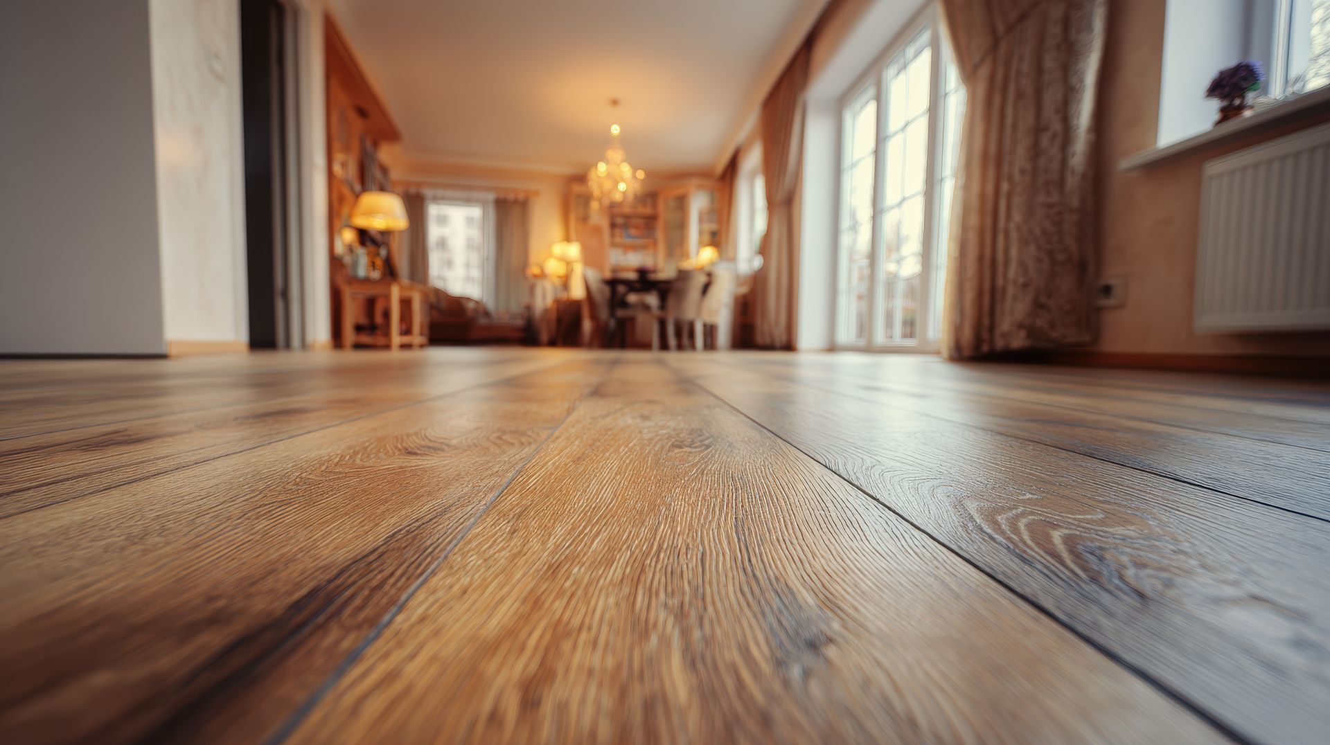Wide-plank hardwood flooring in a bright, furnished living room.