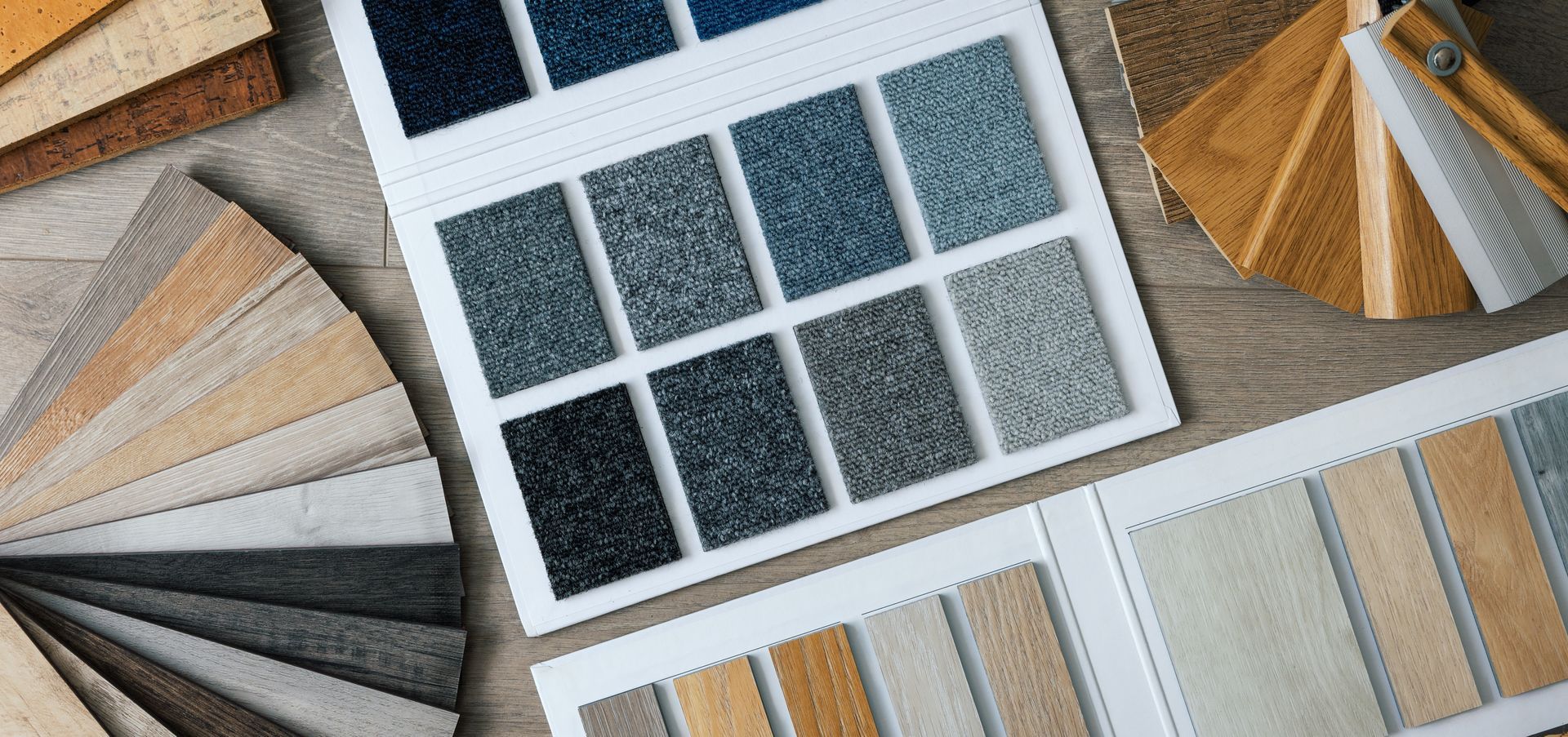 Flooring and carpet samples displayed for interior design selection.