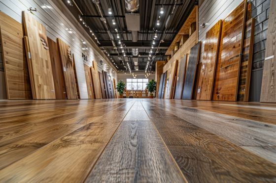 Flooring store showroom with hardwood and laminate samples on display.