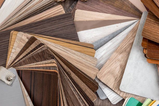 Wood laminate color samples for flooring and furniture design in various textures.