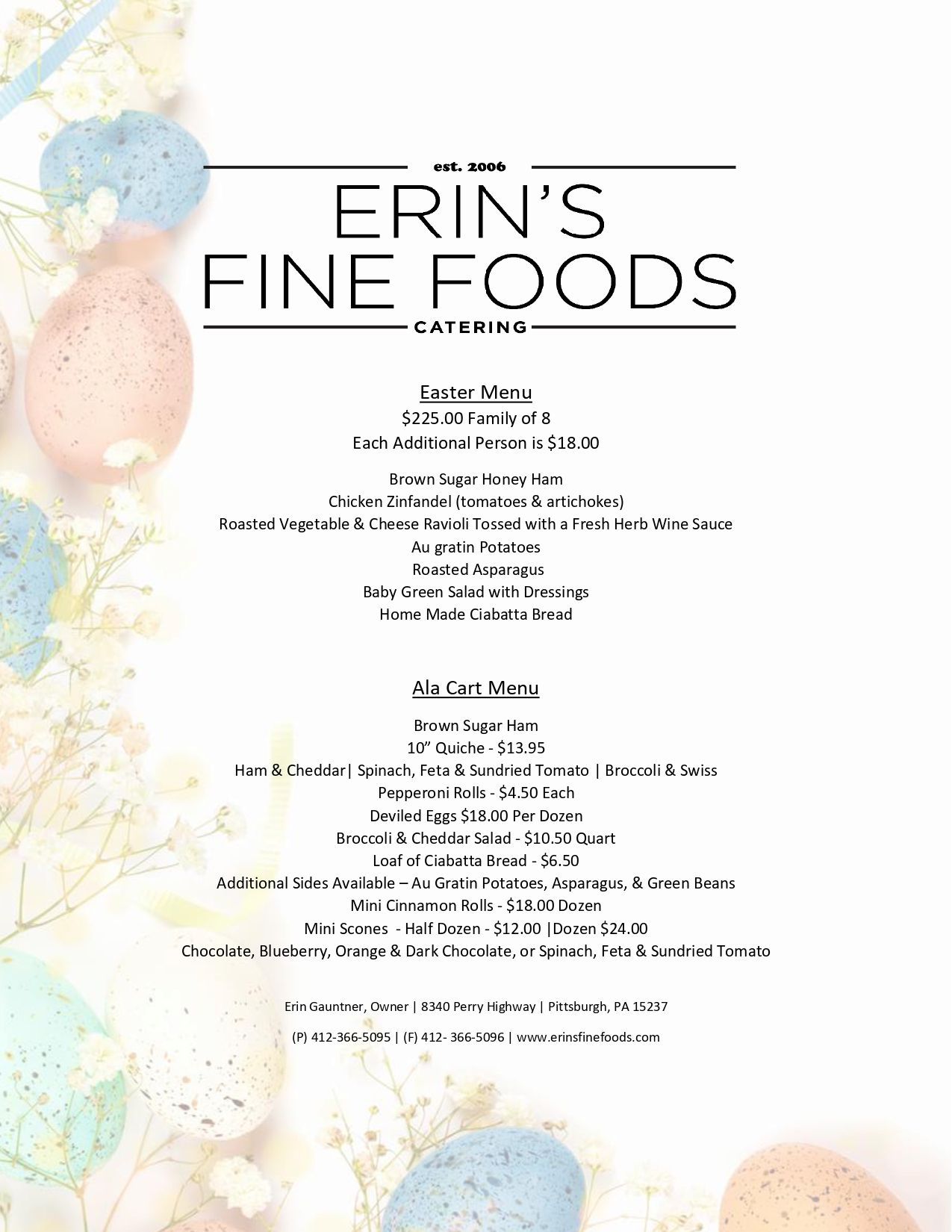 Easter Menu — Pittsburgh, PA — Erin’s Fine Foods
