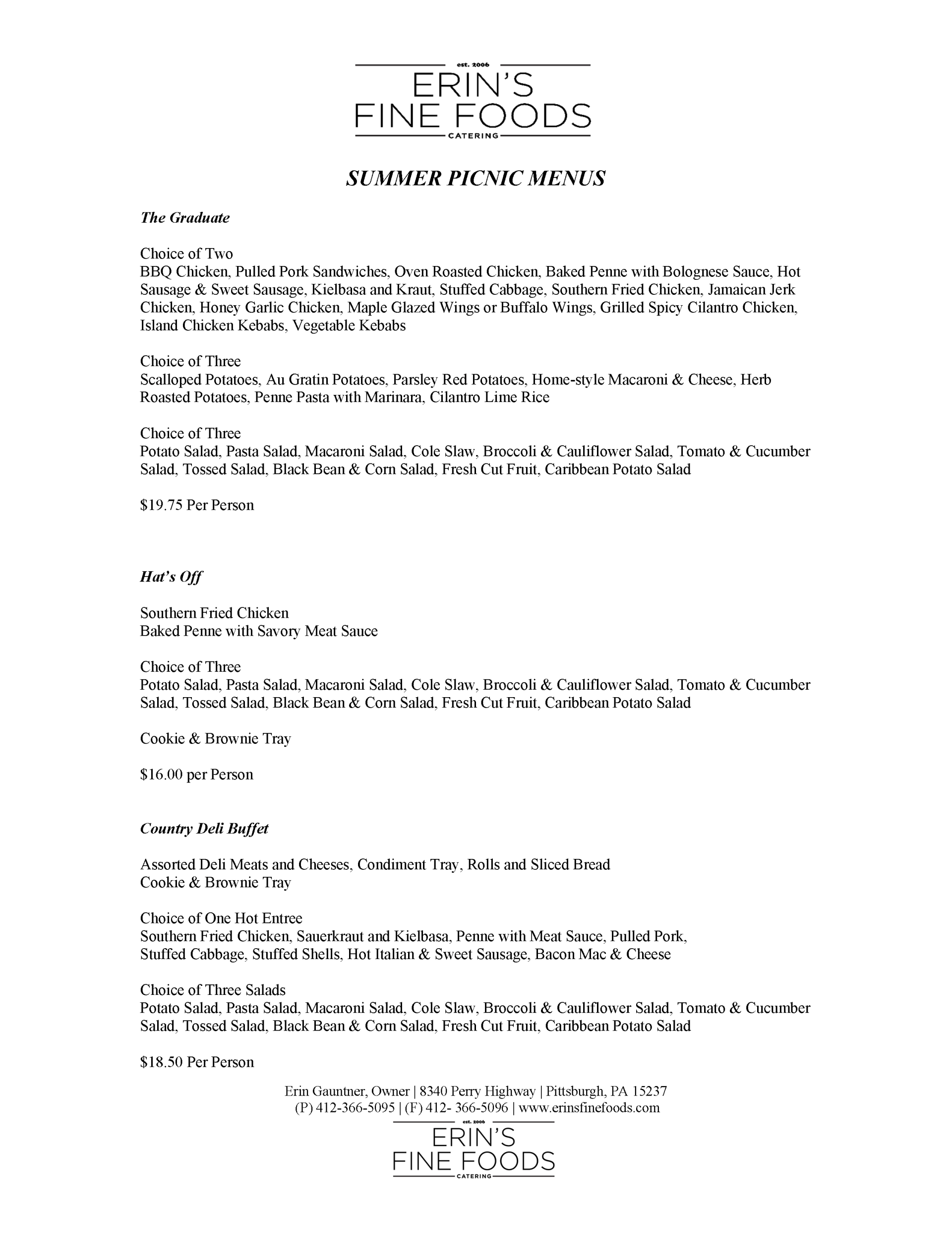 Catering & Deli Pittsburgh, PA Erin's Fine Foods