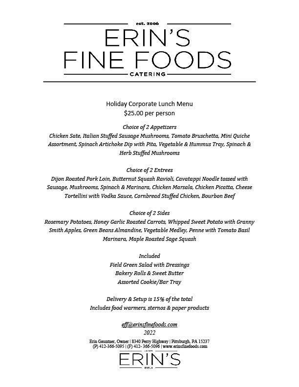 Holiday Corporate Lunch Menu — Pittsburgh, PA — Erin’s Fine Foods