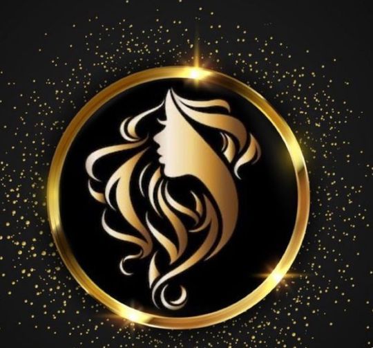 Logo: Gold circle with a woman's silhouette and hair in curls,