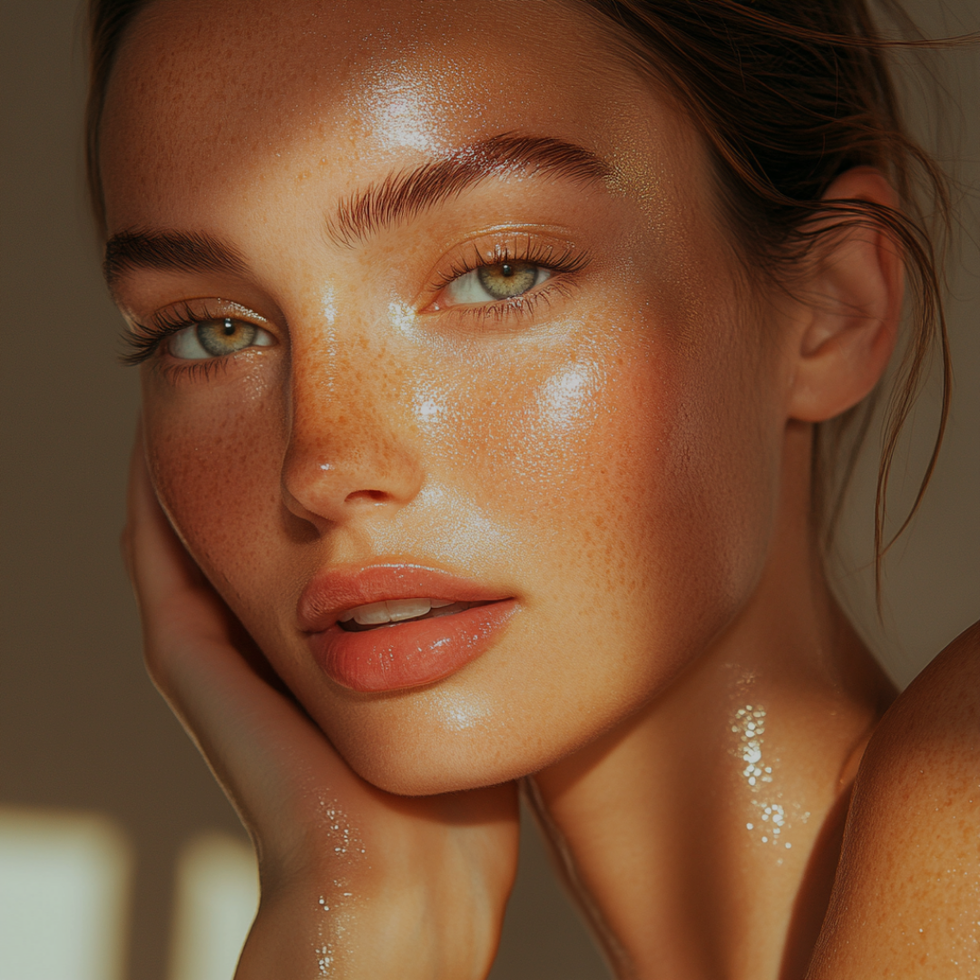 A close up of a woman 's face with a hand on her face.