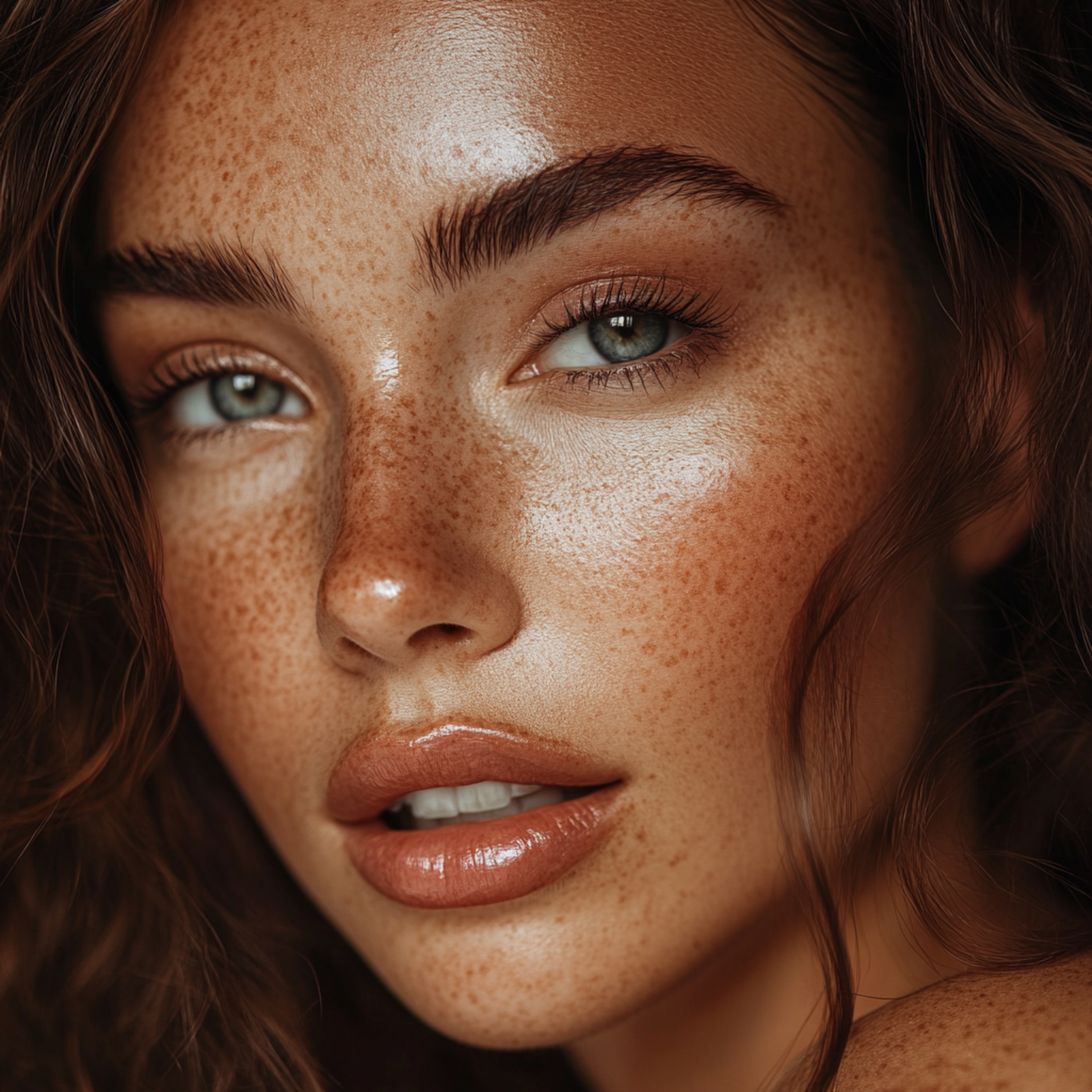 A close up of a woman 's face with freckles and green eyes.