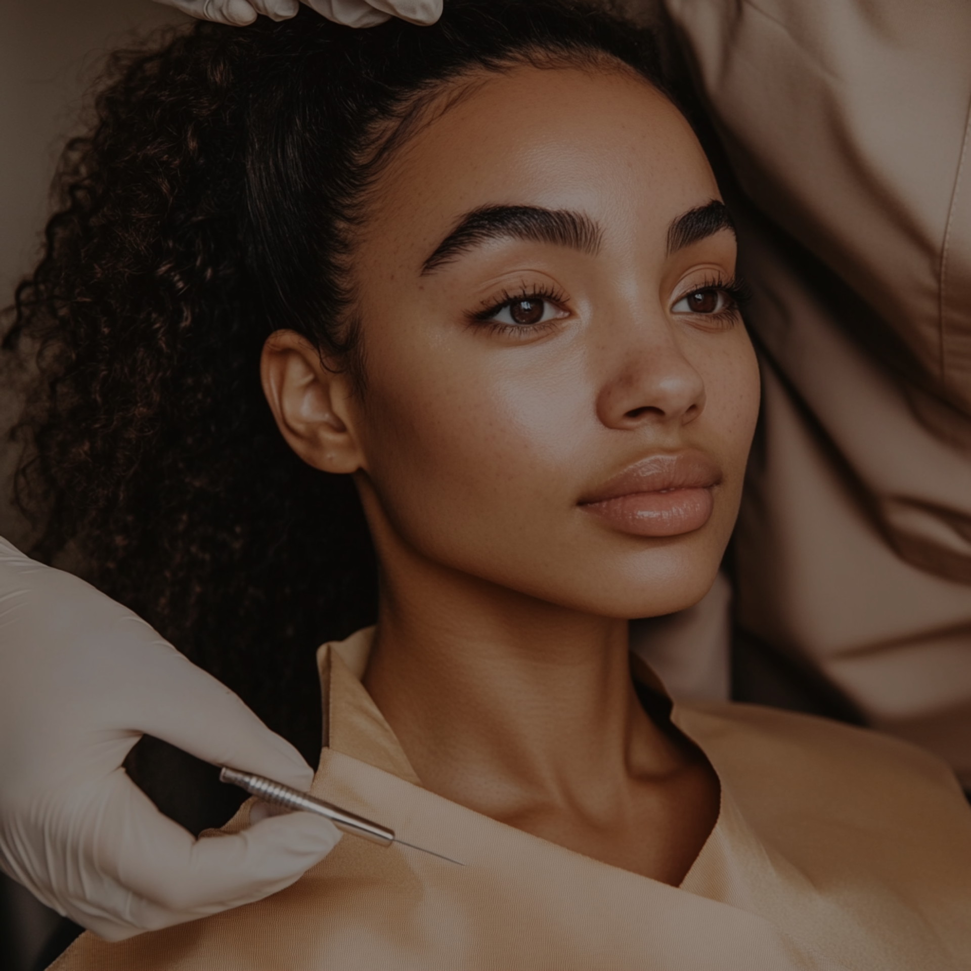 A woman with curly hair is getting her hair cut