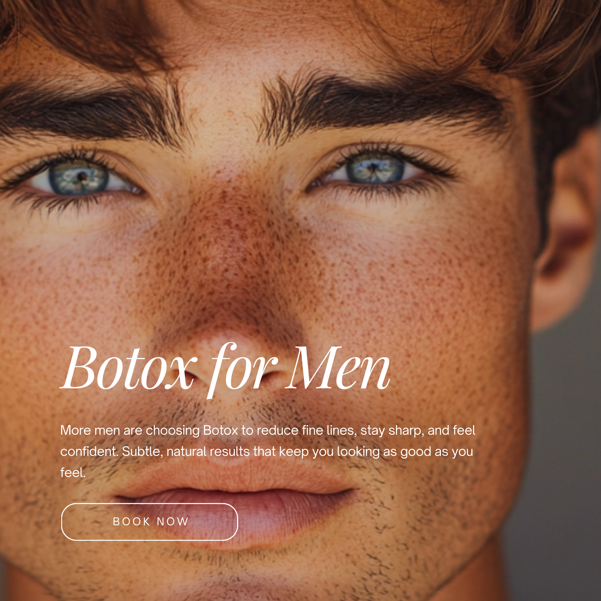 A close up of a man 's face that says botox for men