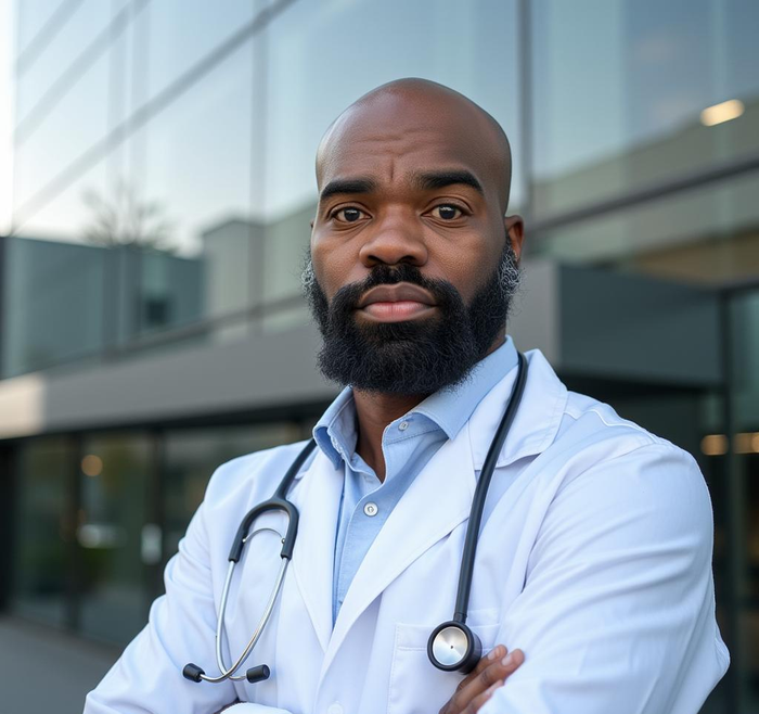 A doctor with a beard and stethoscope around his neck is standing in front of a building with his arms crossed.