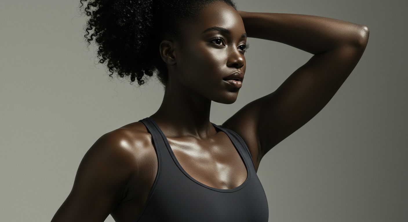 A woman in a gray sports bra is standing with her hand on her head.