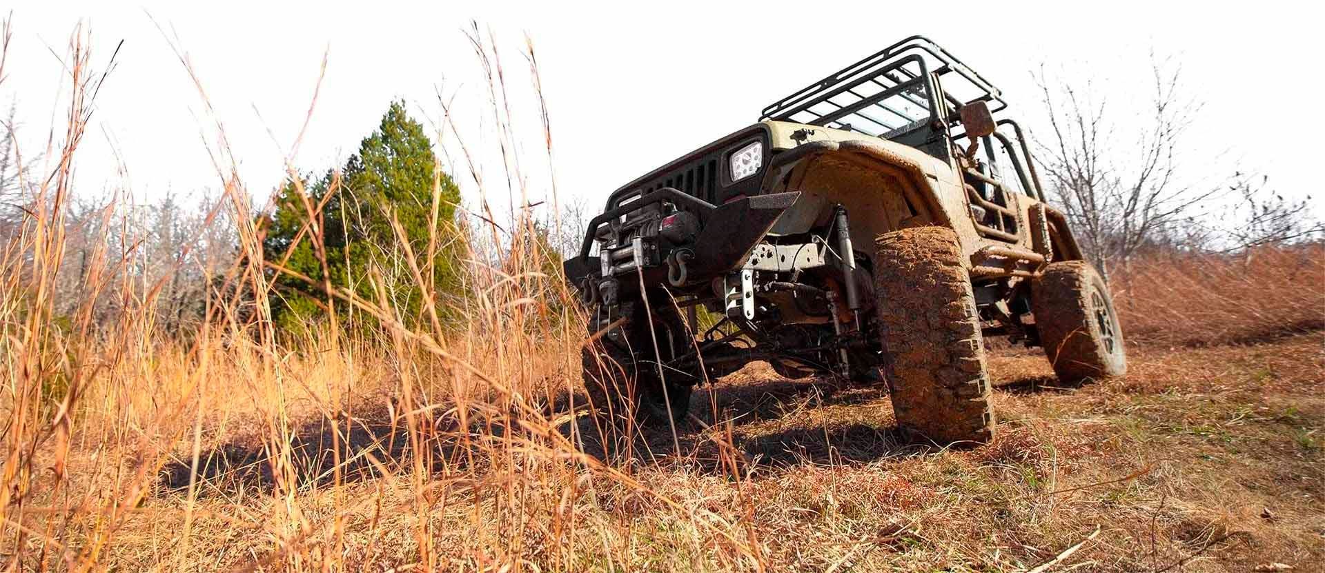 Véhicule tout-terrain en montée à travers de hautes herbes sèches.