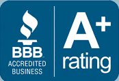 A blue sign that says bbb accredited business and a+ rating.