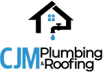 Logo for CJM Plumbing & Roofing featuring a house icon with a faucet dripping a blue water drop.