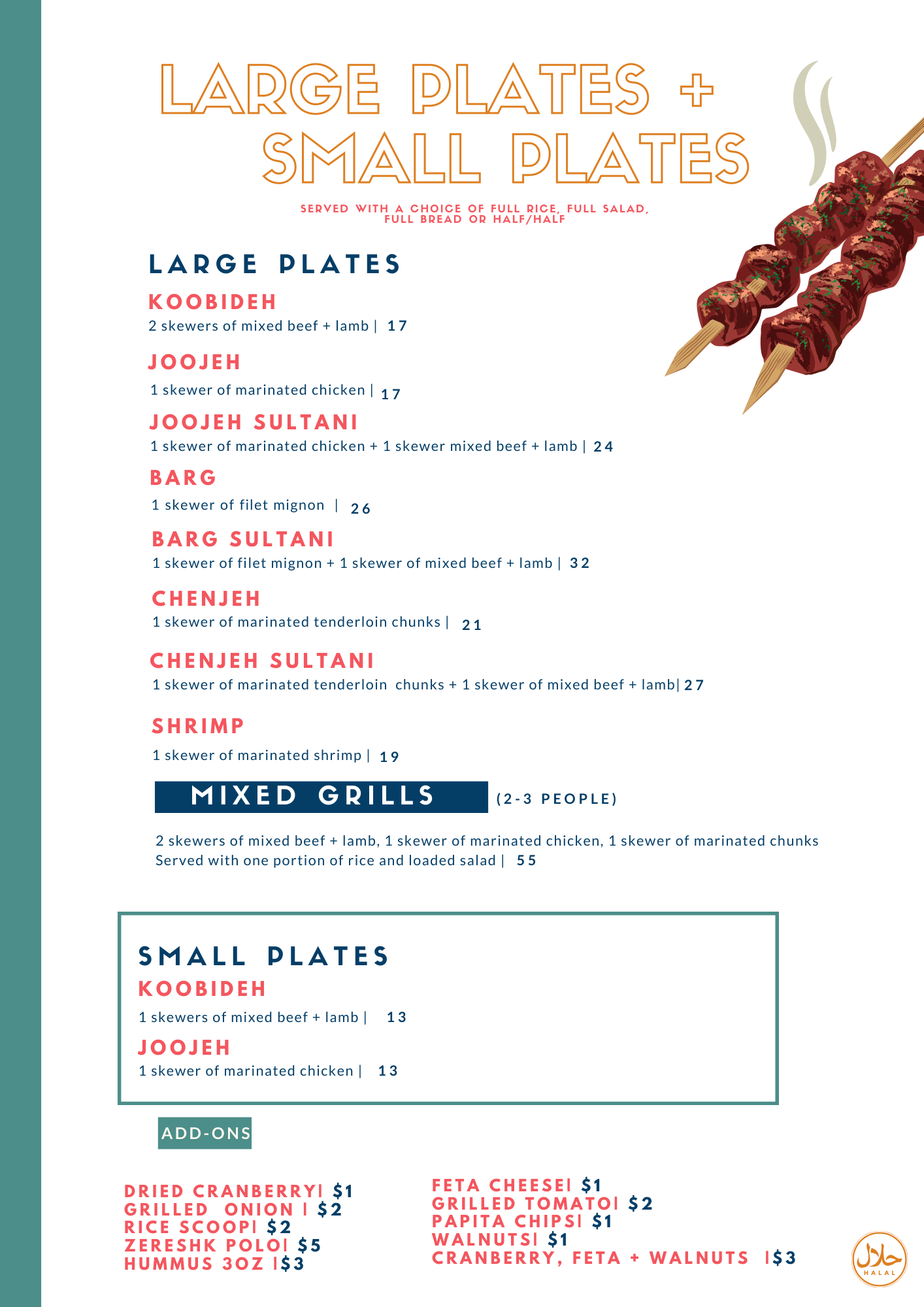 A menu for a restaurant shows large plates and small plates.