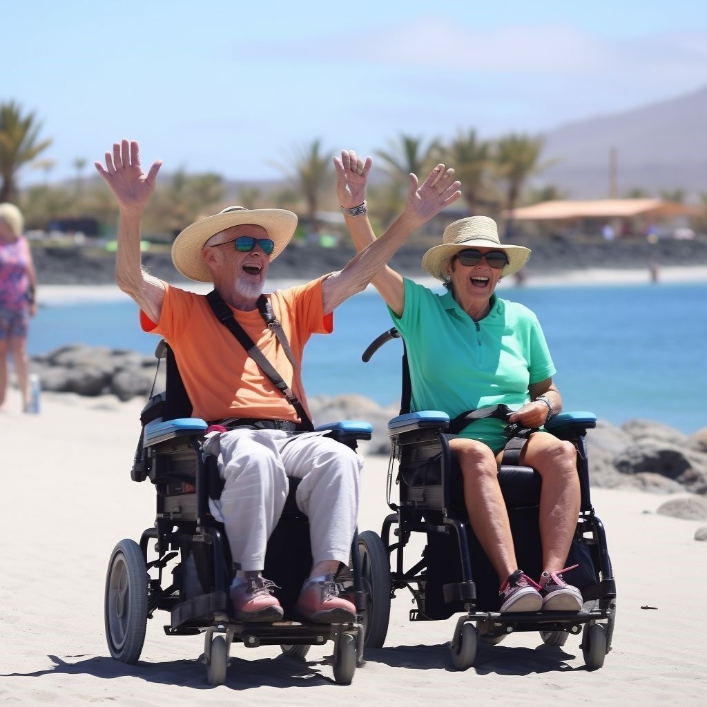 A man and a woman are sitting in wheelchairs on the beach