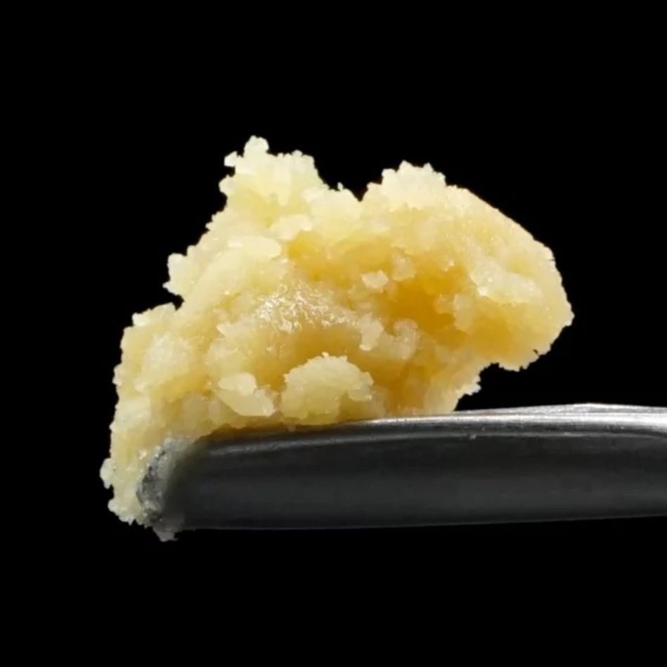 A close up of a piece of food on a pair of tweezers.