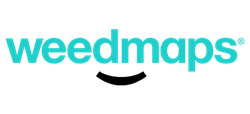 The logo for weedmaps is blue and white on a white background.