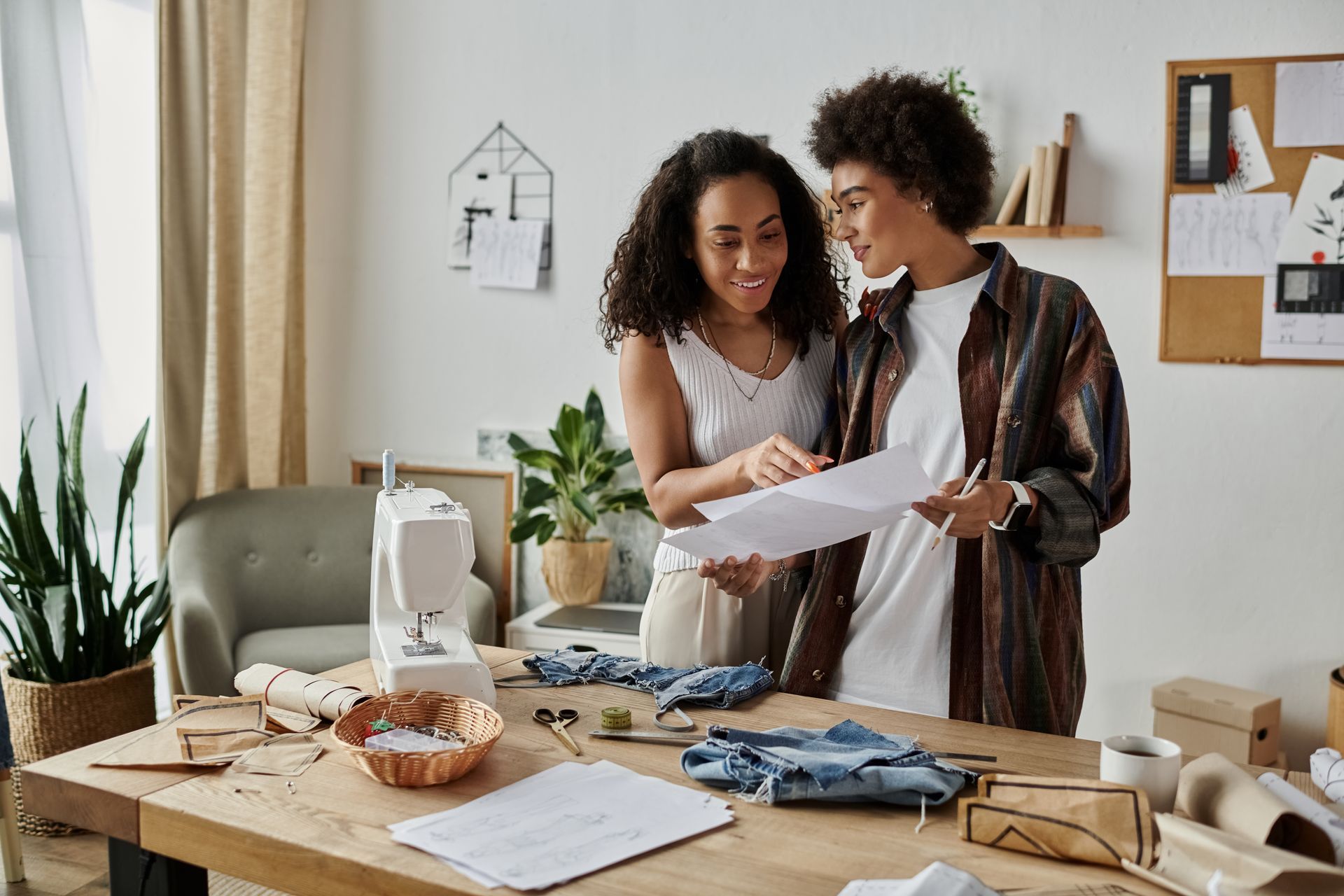 A man and a woman are standing at a table looking at a piece of paper.