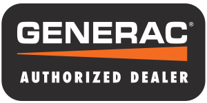 A black and orange logo for a generac authorized dealer