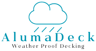 A logo for aluma deck weather proof decking with a cloud and rain drops.