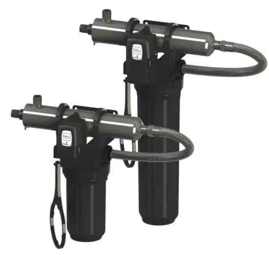 Two black water filtration systems with UV sterilizers connected by gray hoses.