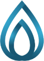 Blue, stylized water drop logo with two overlapping teardrop shapes.