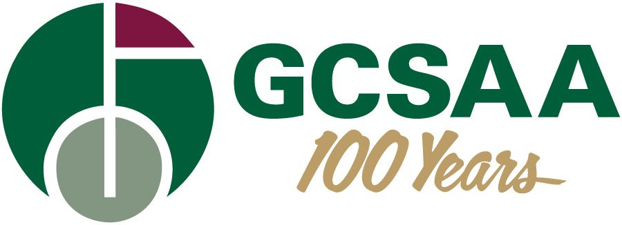 GCSAA logo with a dark green circle and text, "GCSAA" with "100 Years" below.