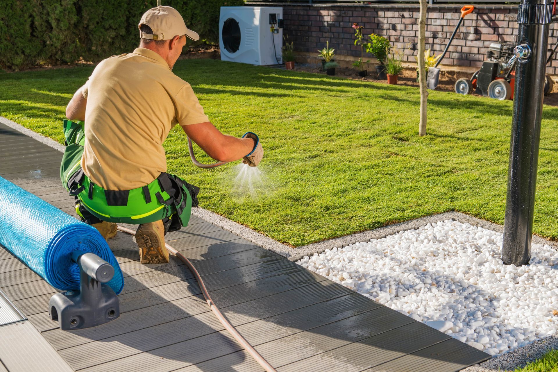 Man spraying lawn near a patio, with a pool cover in the foreground. Bright green grass, sunny setting.