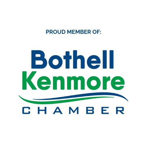 Logo for the Bothell Kenmore Chamber with text in blue and green, and a curved line beneath the text.