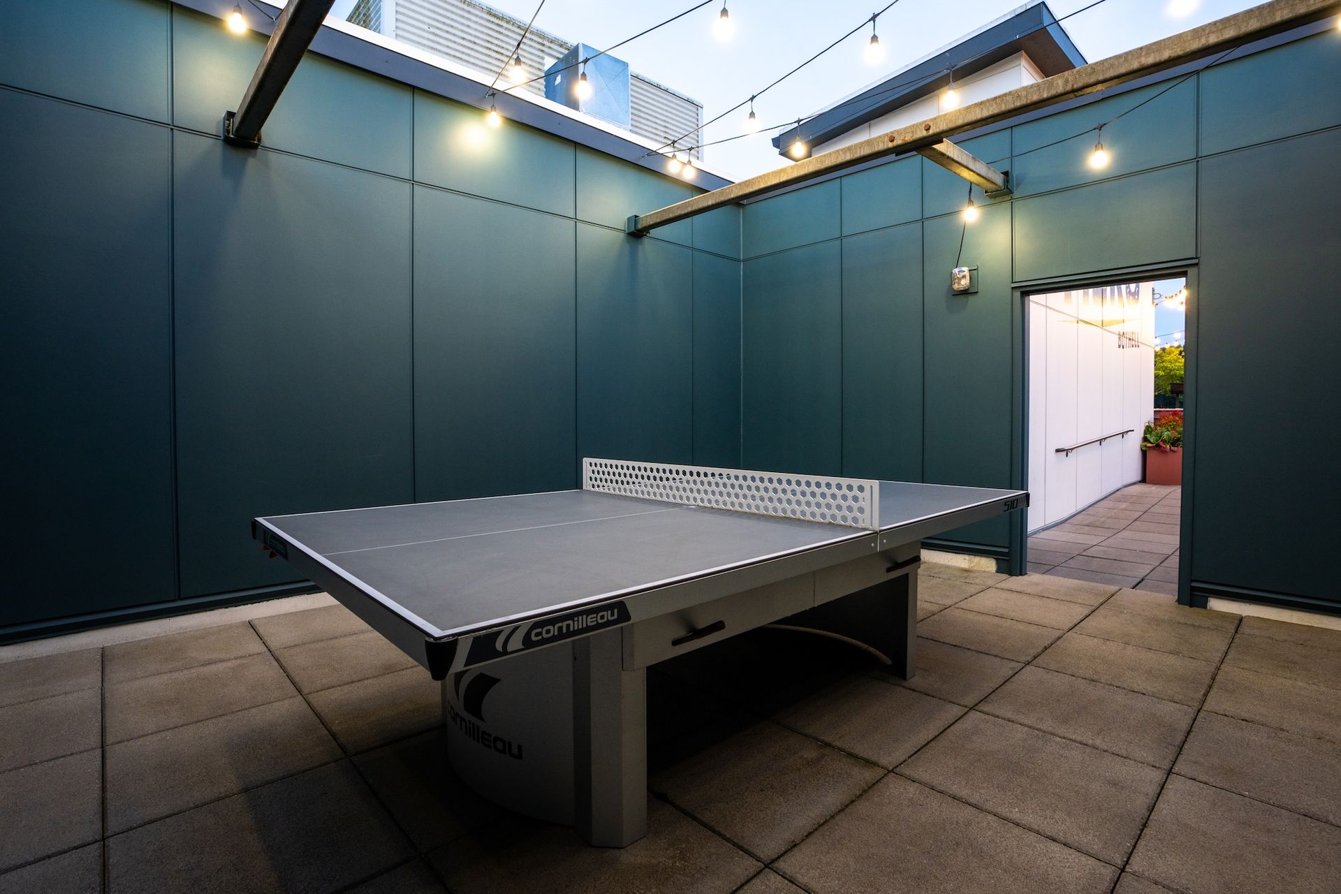 Ping pong table on a rooftop patio with green walls and string lights.