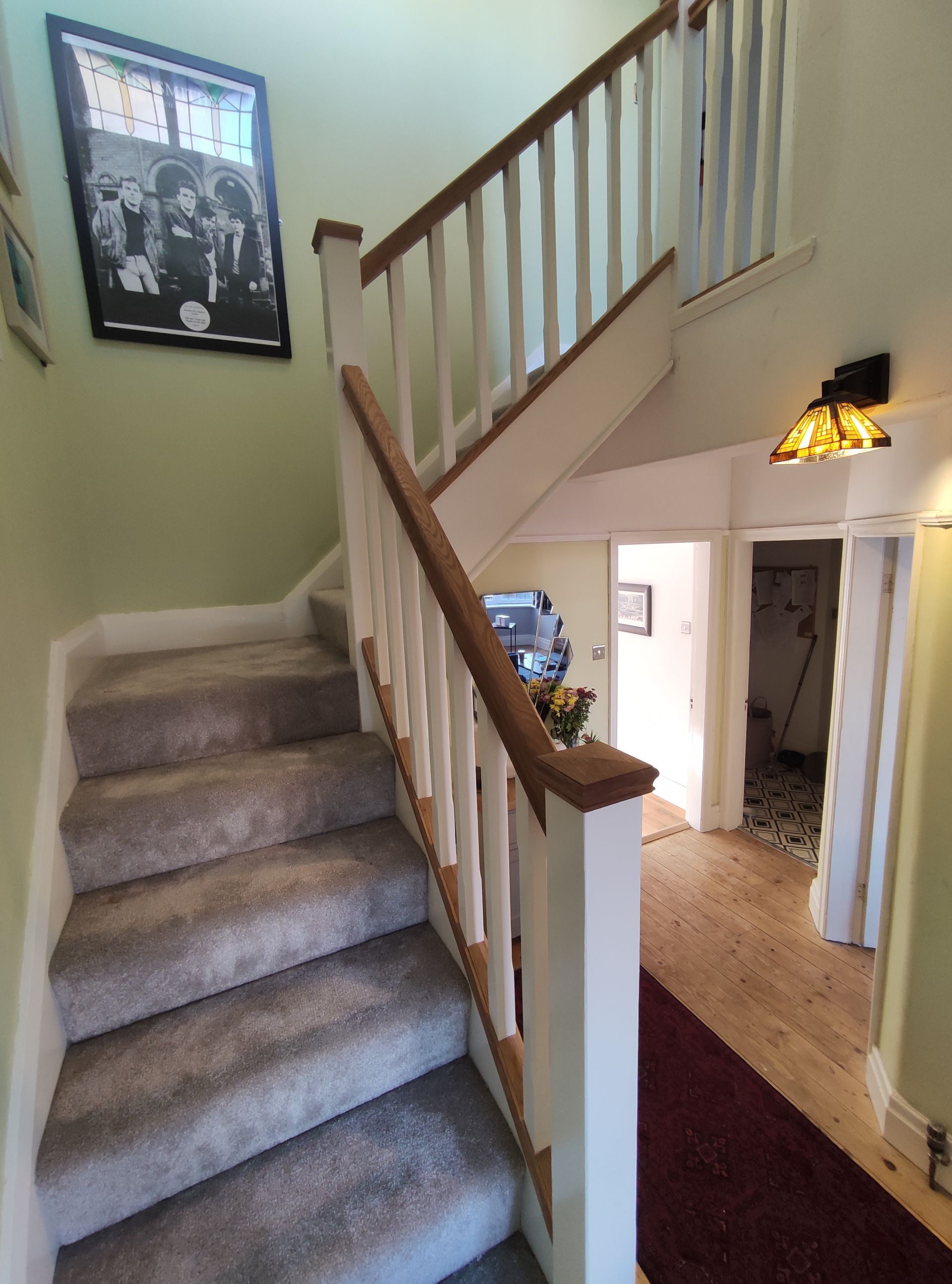 Replace original balustrade with soft spindles and oak handrail