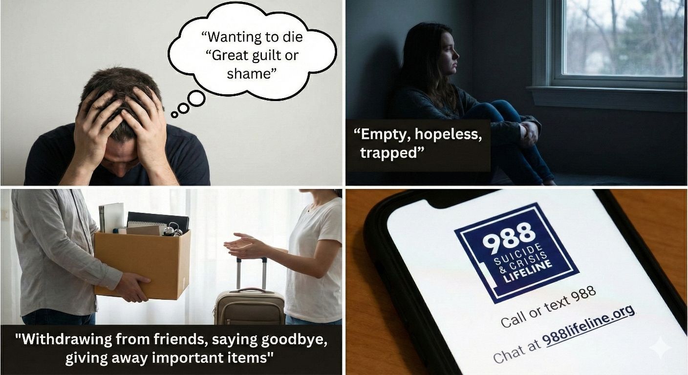 Four images with text: man with head in hands wanting to die; woman by window feeling hopeless; man giving away important belongings; 988 suicide & crisis lifeline phone screen.