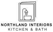 Logo for Northland Interiors: outline of a shower head over a bowl inside a frame, company name and 