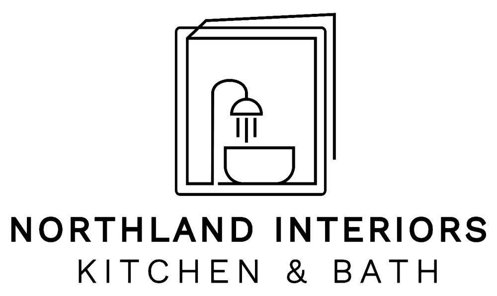 Logo for Northland Interiors: outline of a shower head over a bowl inside a frame, company name and 