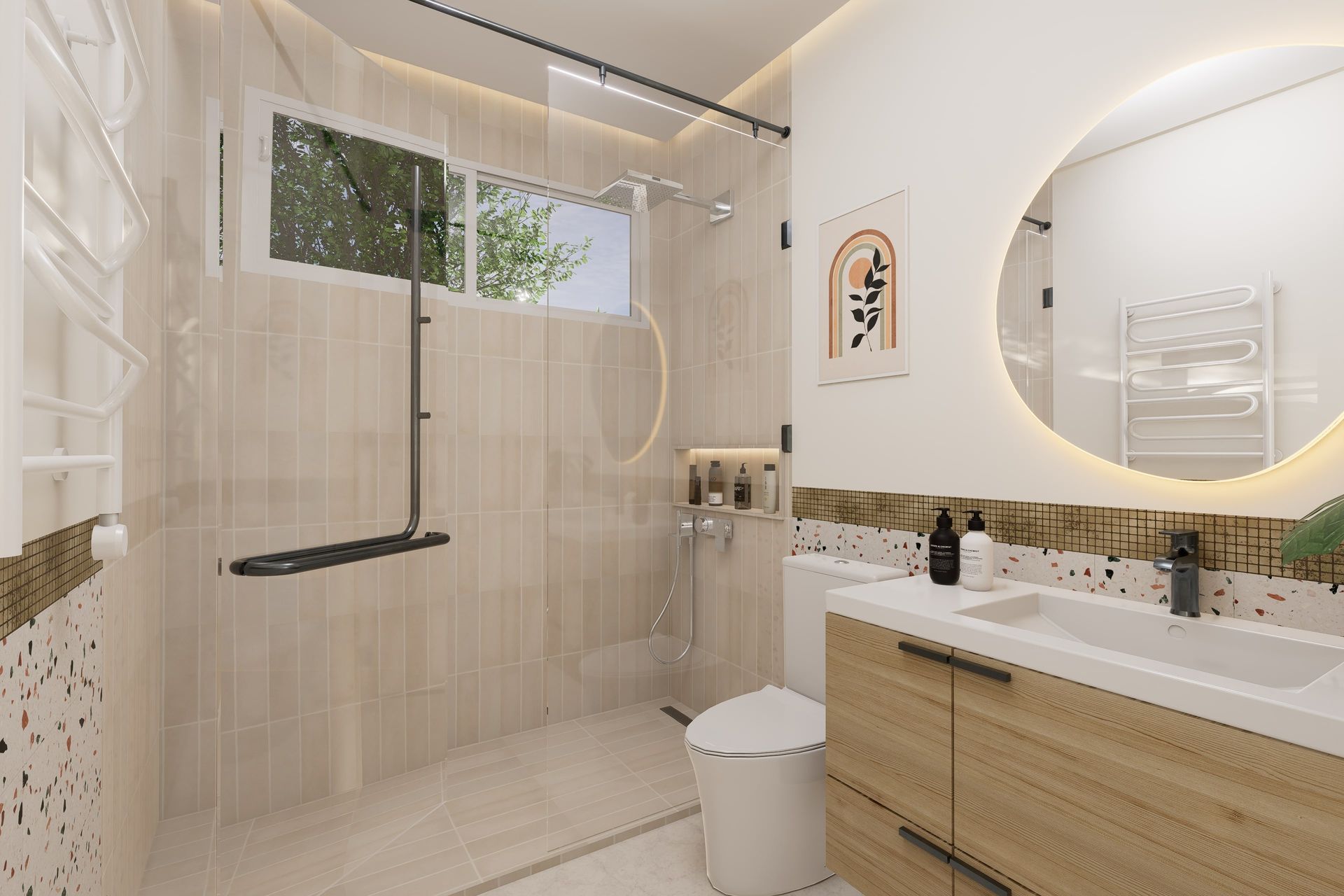 Bathroom with light wood vanity, round mirror, walk-in shower, and neutral-toned walls.