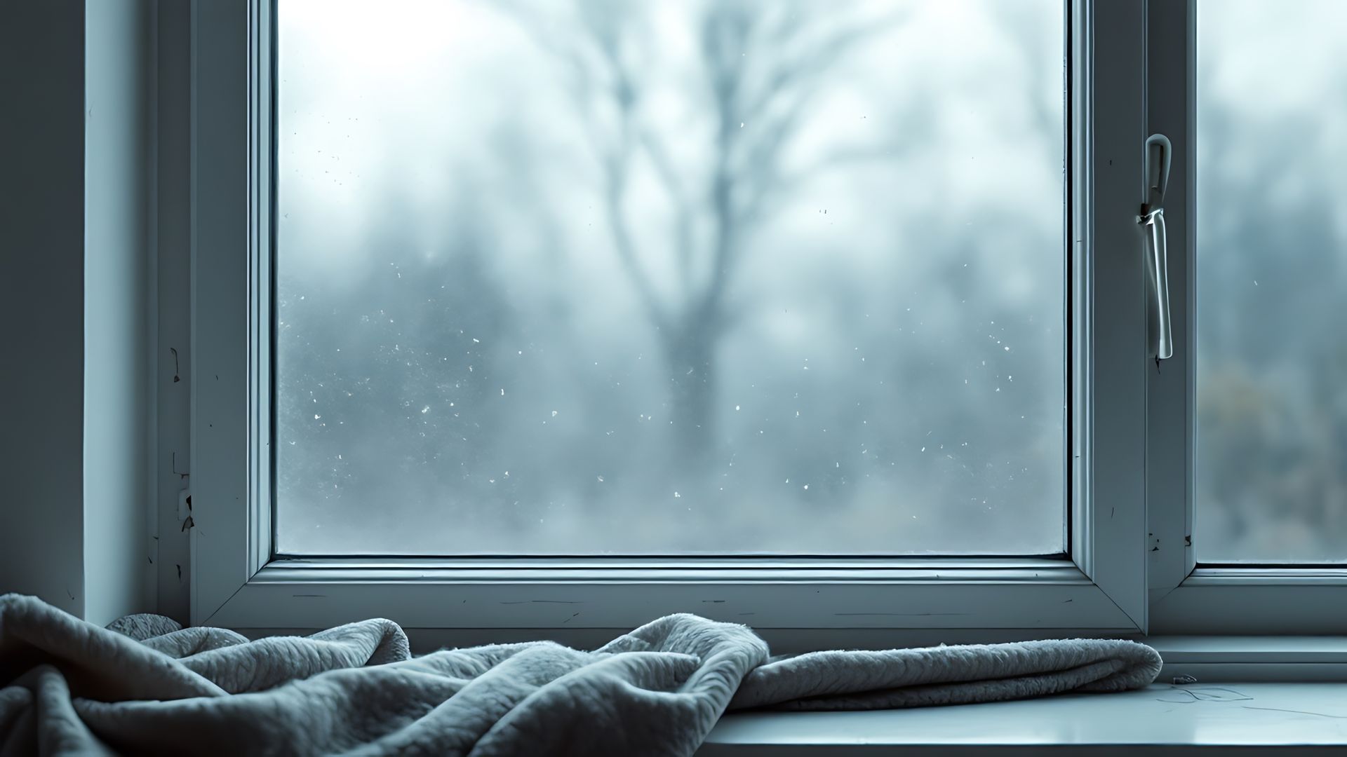 Close-up of insulated vinyl window frame stopping cold air leaks