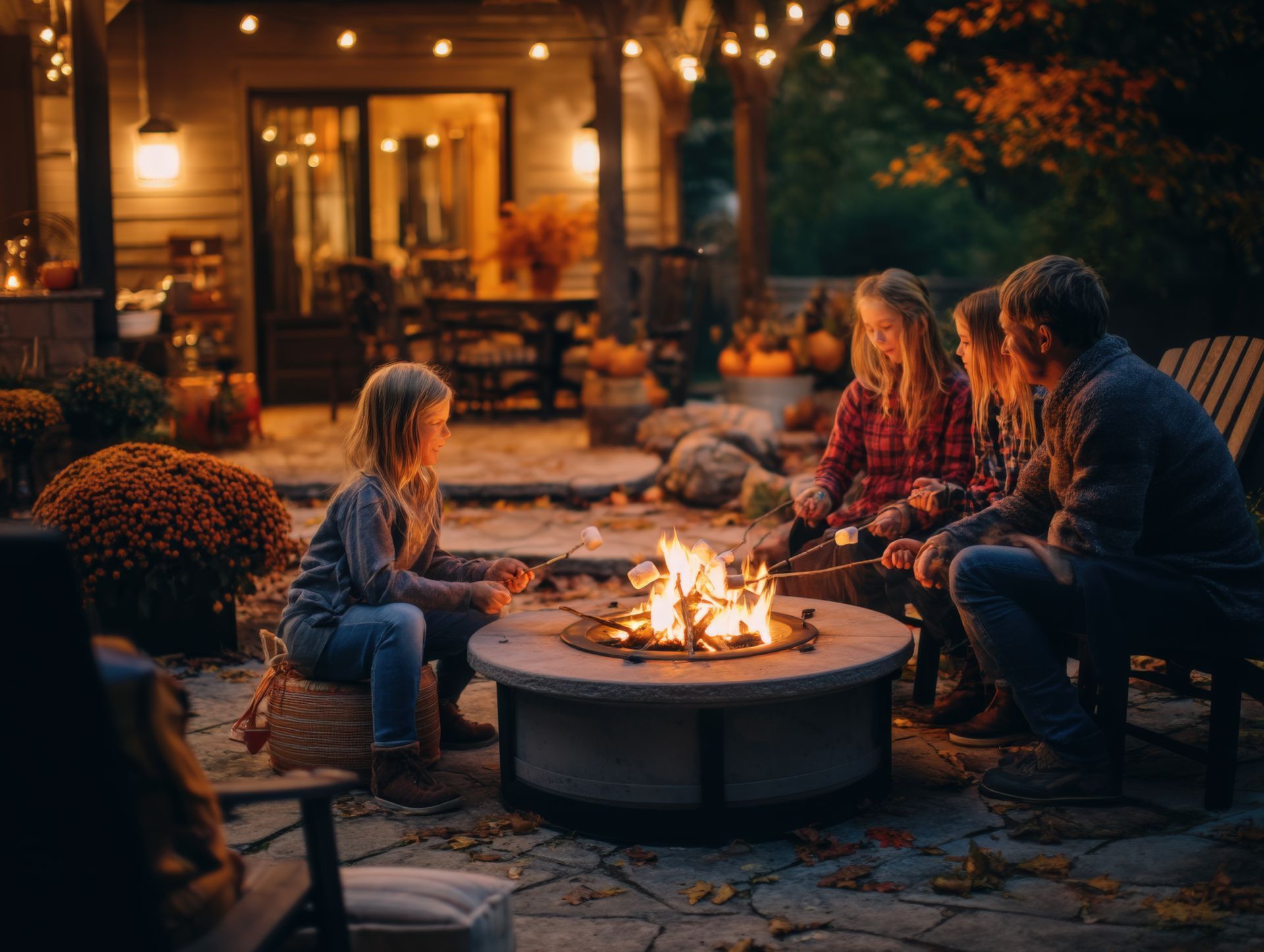 Family relaxing by fire outside their holiday-ready home in fall.