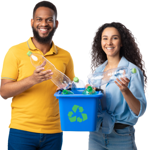 A man and a woman are holding plastic bottles and a blue recycling bin.