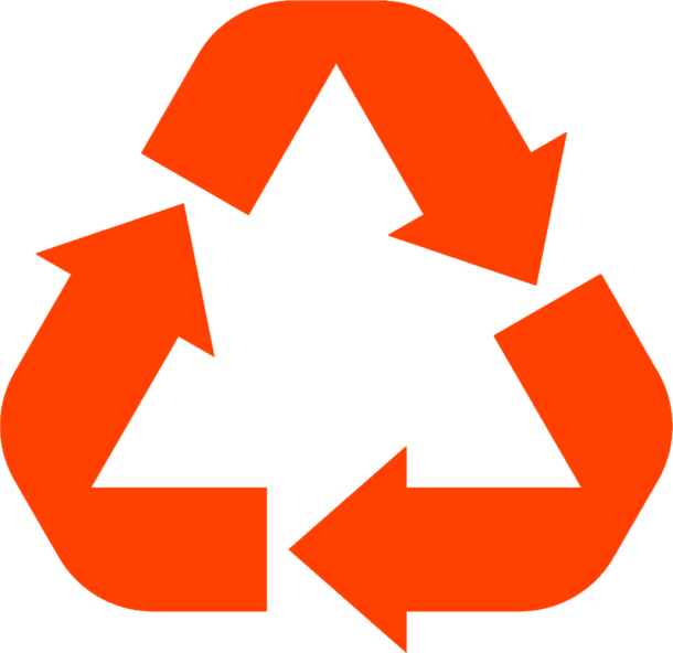 An orange and white recycling symbol on a white background