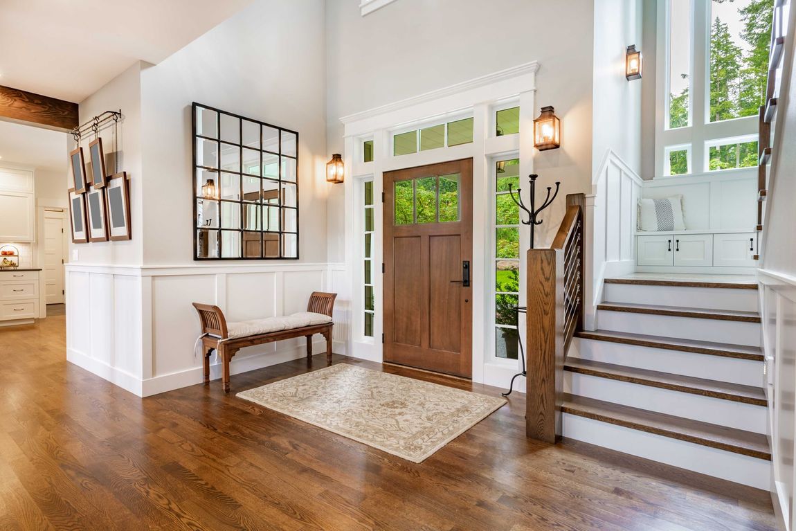 Modern house with beautiful wooden entrance door