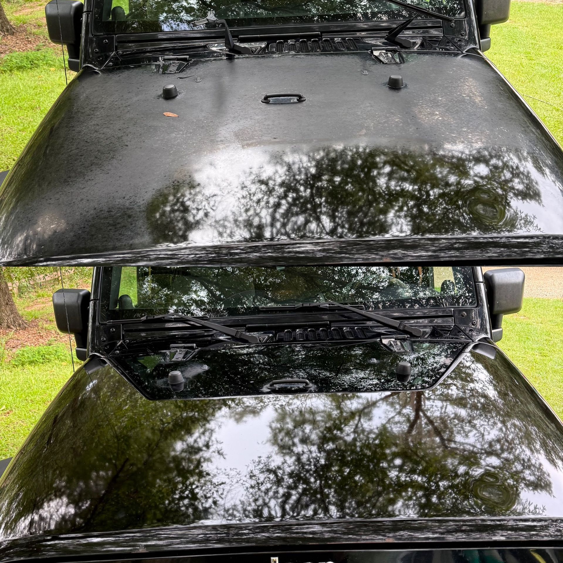 Jeep hood receiving professional paint correction to remove swirl marks, oxidation, and restore a deep glossy finish.